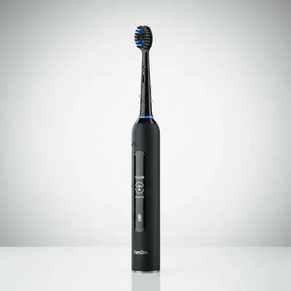 A close-up shot of the 7am2m Sonic Electric Toothbrush highlighting its sleek design and the included brush heads. The focus is on the long battery life symbol and the various modes. Product photography style, clean background.