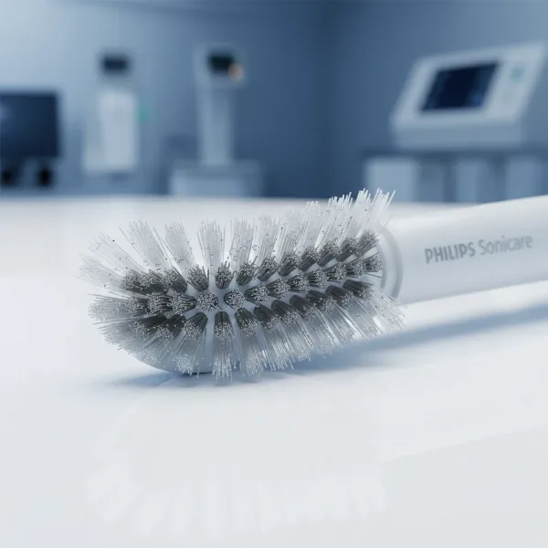 Close-up of the Philips Sonicare A3 Premium All-in-One brush head, highlighting its unique bristles for plaque removal and stain reduction
