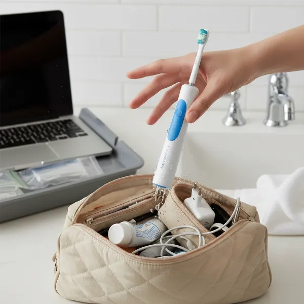 A traveler's hand mistakenly placing a wet, unprotected electric toothbrush into a soft, unorganized travel bag, highlighting common packing errors.