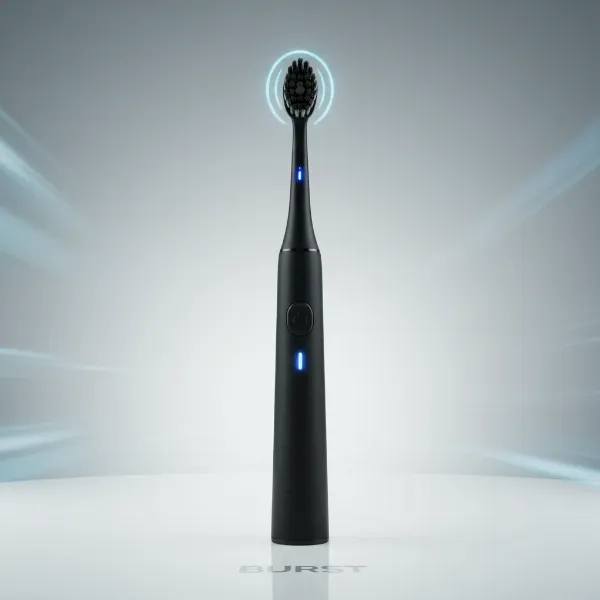 A sleek, black Burst Sonic Toothbrush with charcoal bristles, minimalist design, emphasizing its modern aesthetic and sonic technology.