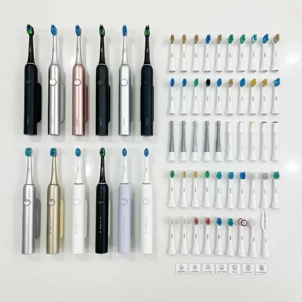 Various electric toothbrush models and brush heads displayed, highlighting different features and options