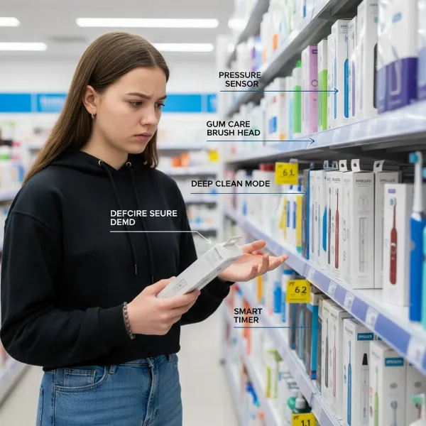 A thoughtful teenager examining different electric toothbrushes with a focus on features for braces.