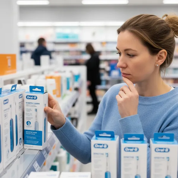 Woman carefully selecting an electric toothbrush, considering features like pressure sensor and soft bristles for sensitive teeth.