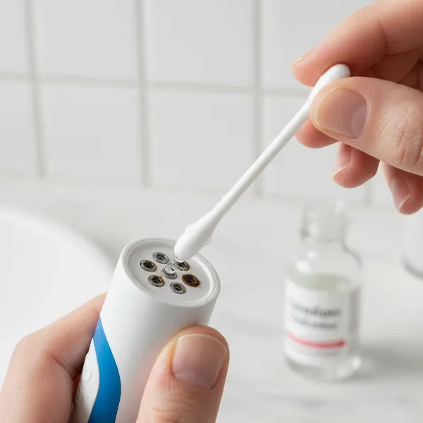 A person using a cotton swab and rubbing alcohol to clean the charging contacts of an Oral-B toothbrush base.