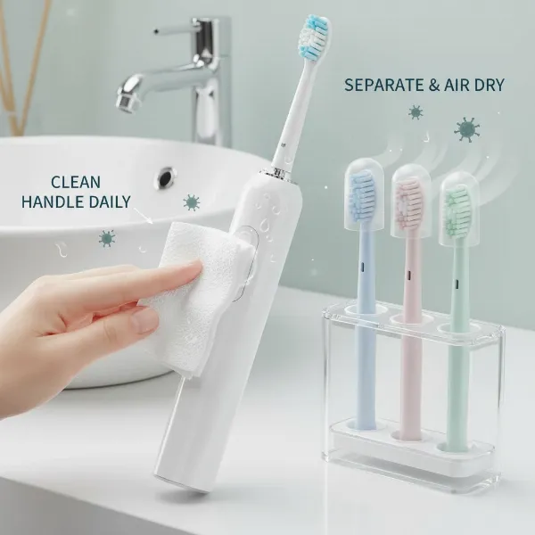 Proper cleaning and storage of an electric toothbrush handle and individual brush heads.
