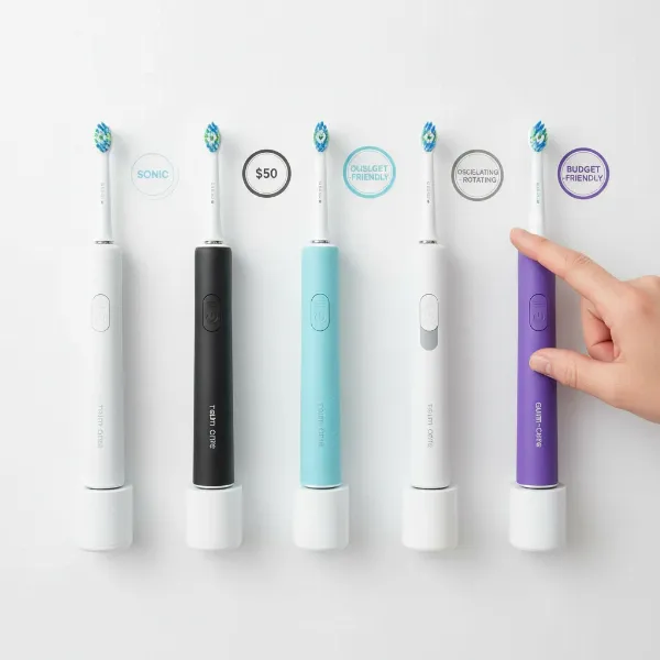 Hands holding and comparing various budget-friendly electric toothbrushes, emphasizing choice.