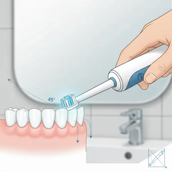 Illustration of proper electric toothbrush technique, holding the brush at a 45-degree angle to the gumline.