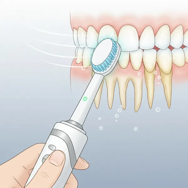 An illustration showing the correct technique for using an electric toothbrush, especially for sensitive gums.