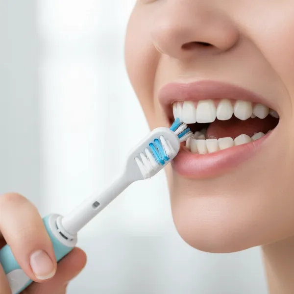 Person demonstrating proper electric toothbrush technique angled towards the gumline.