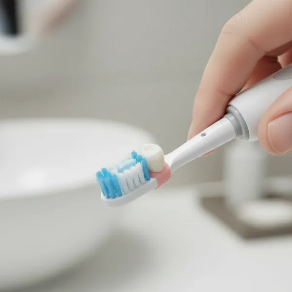 Close-up of an electric toothbrush gently cleaning around a dental implant or crown at the gumline.
