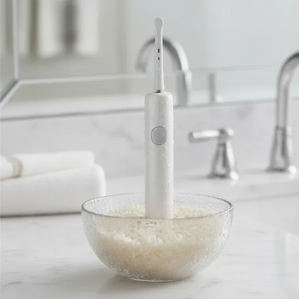 Electric toothbrush handle drying in a bowl of white rice to absorb internal moisture