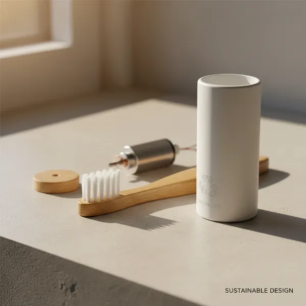 Close-up of disassembled eco-friendly electric toothbrush showing bamboo head, plant-based bristles, and a recyclable base