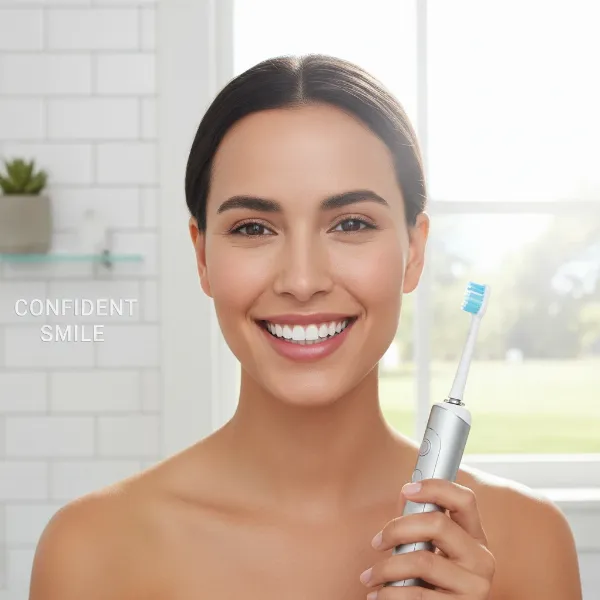 A person smiling with visibly clean and healthy teeth, holding a sleek electric toothbrush