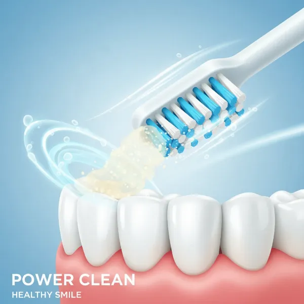 An electric toothbrush removing plaque from teeth, showing improved gum health and a brighter smile
