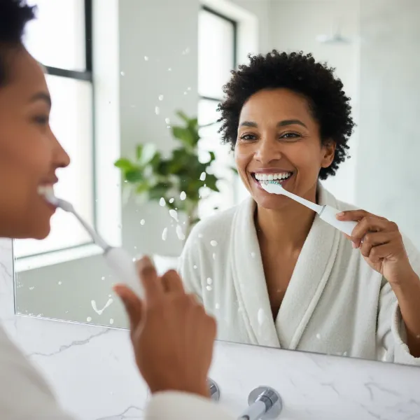 Smiling person confidently using an electric toothbrush, highlighting improved oral health benefits