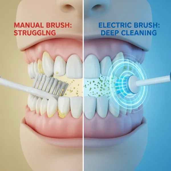 An illustrative graphic comparing plaque removal effectiveness between a manual toothbrush and an electric toothbrush, showing superior cleaning by the electric model.