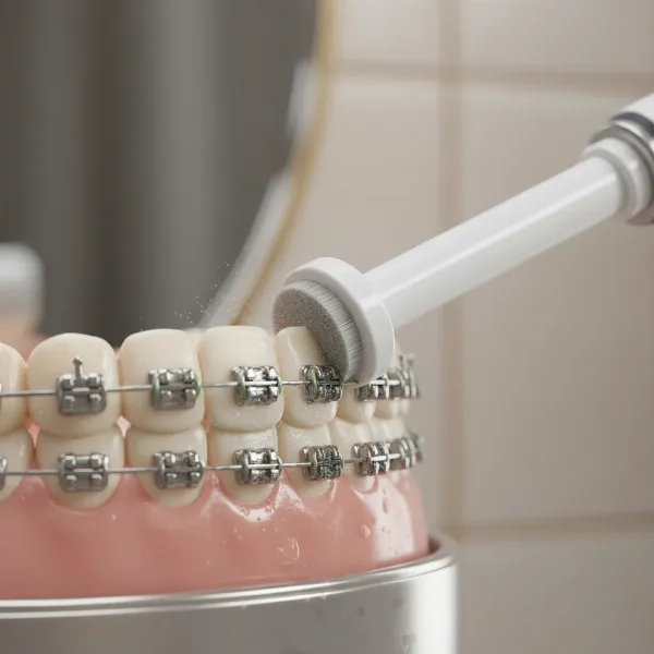 A close-up of an electric toothbrush head effectively cleaning around metal braces on teeth, showing gentle motion and bristles reaching intricate areas.
