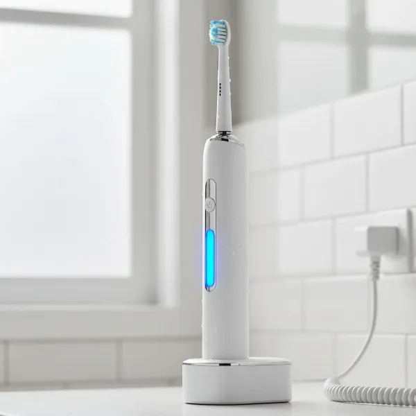 A close-up image of an electric toothbrush on its charging base with a visible charging indicator light.
