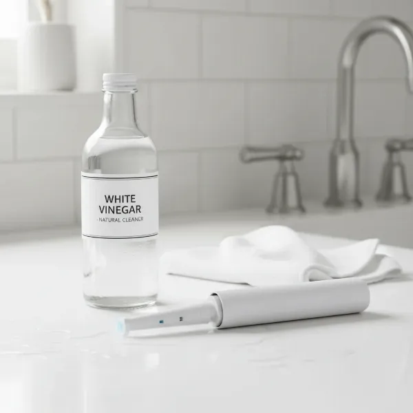 A clean electric toothbrush with detached head and a bottle of white vinegar, symbolizing effective cleaning and prevention methods