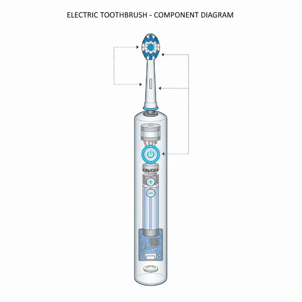 A close-up illustration of an electric toothbrush head and handle, showing bristles, motor, and charging port