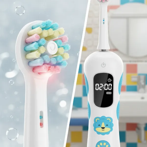 A collage or illustration highlighting key features of a kids' electric toothbrush: small head, soft bristles, built-in timer icon, pressure sensor light, ergonomic handle, and a fun character design.