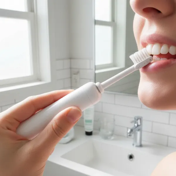 A person gently brushing their teeth with an electric toothbrush, focusing on the gumline with a soft-bristled head, indicating proper technique to prevent gum bleeding.