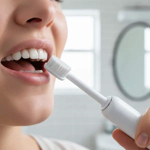 A person gently brushing their teeth with an electric toothbrush, focusing on the gumline with soft bristles and minimal pressure, in a brightly lit bathroom