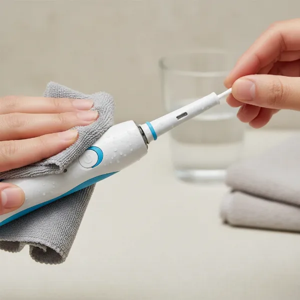 Cleaning electric toothbrush handle and base with soft cloth, focusing on crevices for hygiene.