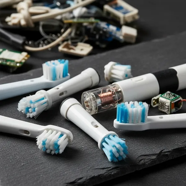 Close-up of discarded electric toothbrush heads showing mixed plastic and nylon bristles.