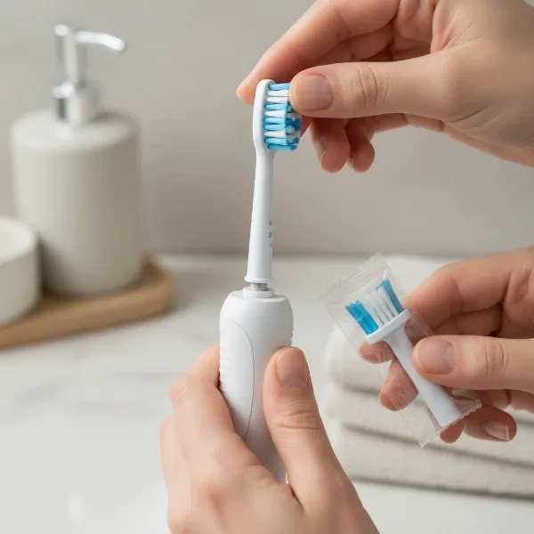 A close-up image showing a hand detaching a worn electric toothbrush head from the handle and holding a new replacement head ready to attach, symbolizing routine maintenance