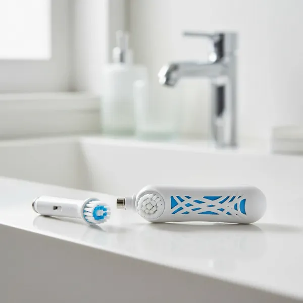 A side-by-side comparison of a round electric toothbrush head and an elongated electric toothbrush head, highlighting their shape differences in a clean, modern bathroom setting