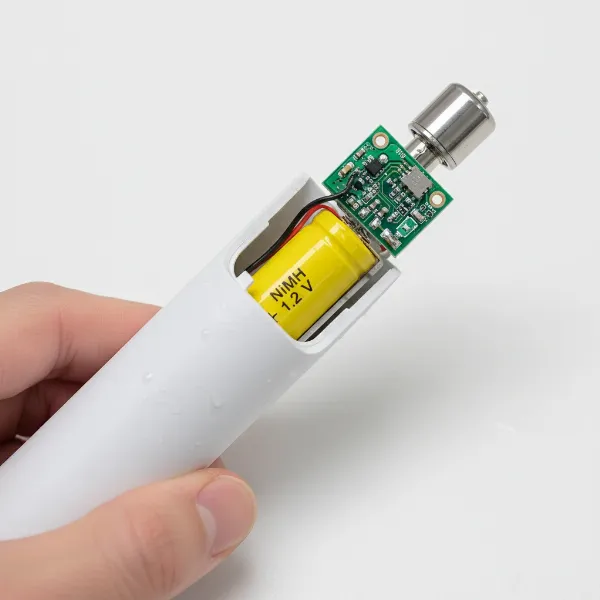 An electric toothbrush handle with its bottom cap removed, showing the internal mechanism being carefully slid out, revealing the battery and circuit board.