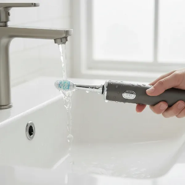 An electric toothbrush with an IPX7 rating being safely used under running water, demonstrating its water-resistant capabilities.