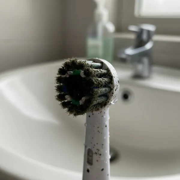 A close-up image of a moldy electric toothbrush head with dark spots, illustrating potential health hazards and the need for hygiene