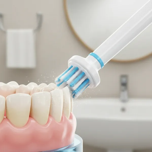 Electric toothbrush effectively removing plaque from teeth, demonstrating thorough oral cleaning.