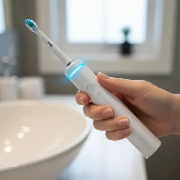 electric toothbrush with illuminated pressure sensor demonstrating gentle brushing