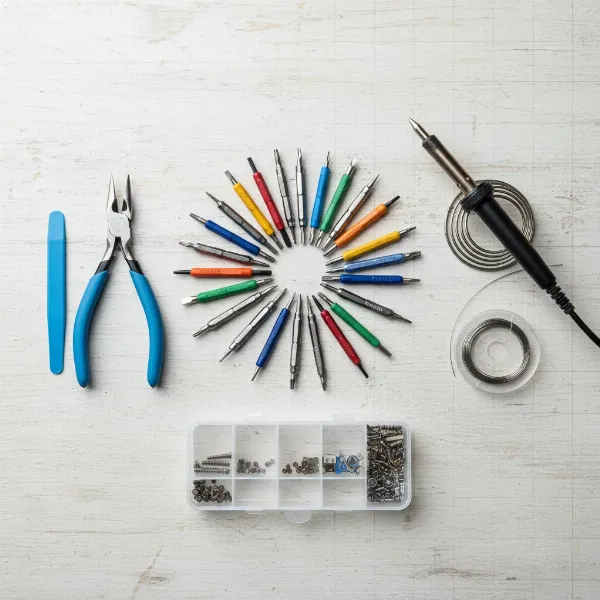 A collection of essential tools for disassembling and repairing an electric toothbrush, including screwdrivers, spudger, pliers, and a soldering iron.