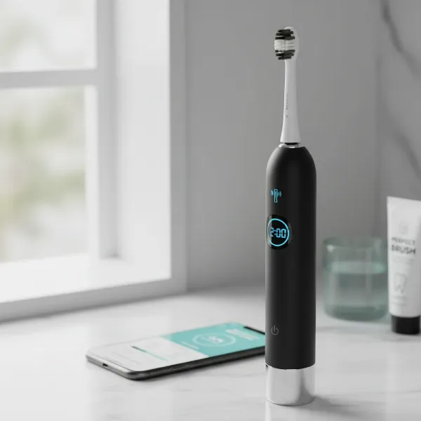 Modern electric toothbrush with smart features, timer, and app connectivity for improved oral hygiene.
