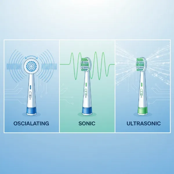 Various types of electric toothbrushes: oscillating, sonic, and ultrasonic for comparison