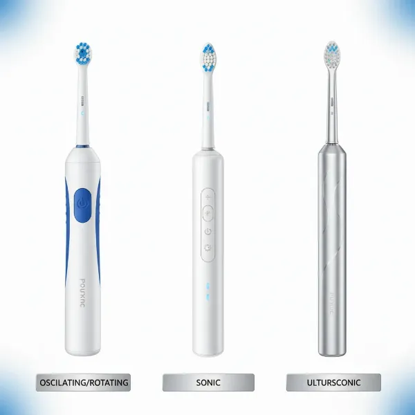 Different types of electric toothbrushes for oral hygiene, showing oscillating, sonic, and ultrasonic models.