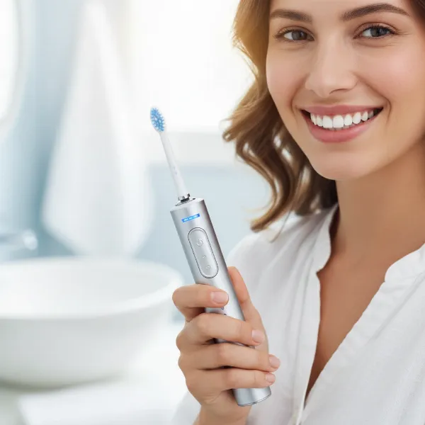 A person smiling brightly, showcasing clean, white teeth, holding an electric toothbrush with a glowing head. The image conveys health and confidence. 