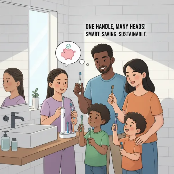 A family sharing an electric toothbrush handle with different colored brush heads.