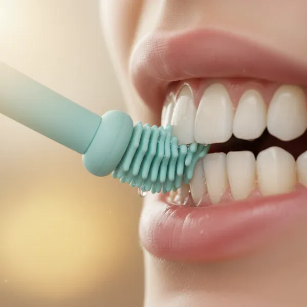 Foreo ISSA 3 gently cleaning teeth and gums, emphasizing its suitability for sensitive oral care