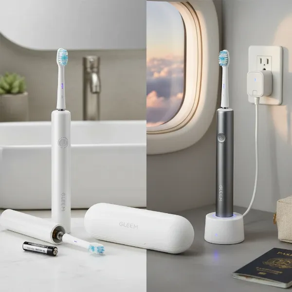 Gleem electric toothbrush with a travel case, showing its portability and dual power options.