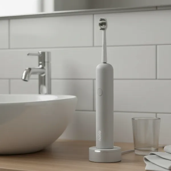 A sleek, minimalist Goby electric toothbrush in a modern bathroom setting, highlighting its design and magnetic charger.