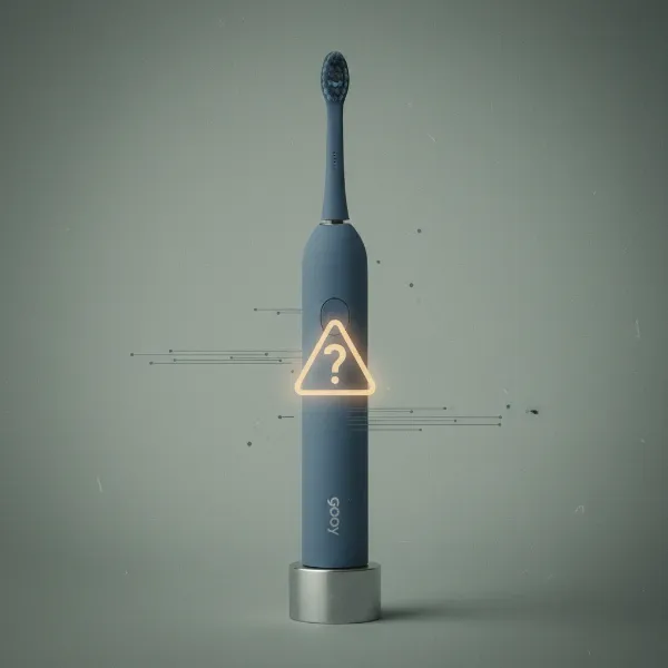 A Goby electric toothbrush with a subtle overlay depicting a question mark or a "caution" symbol, representing potential drawbacks.
