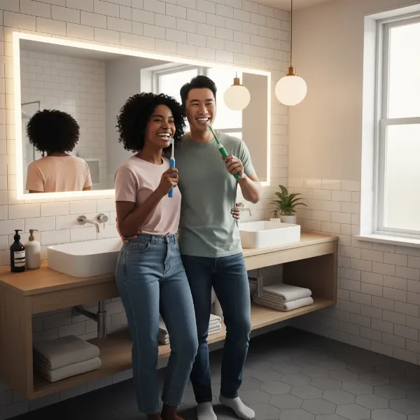 A happy couple brushing their teeth side-by-side with electric toothbrushes, emphasizing shared oral care
