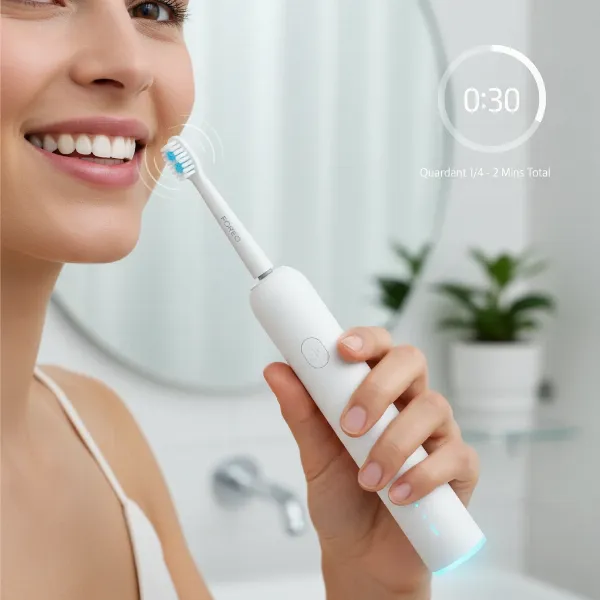 Person demonstrating correct usage of Foreo ISSA 3 for optimal oral hygiene and plaque removal