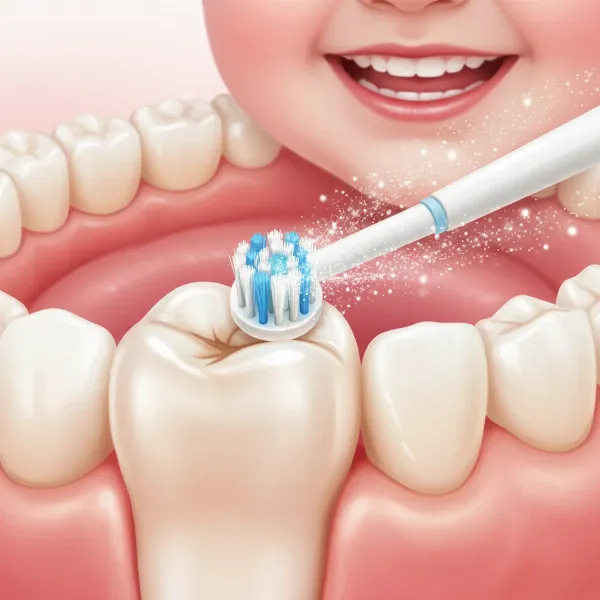 Illustration showing a magnified view of an electric toothbrush head cleaning a child's tooth, highlighting plaque removal and gum gentleness.