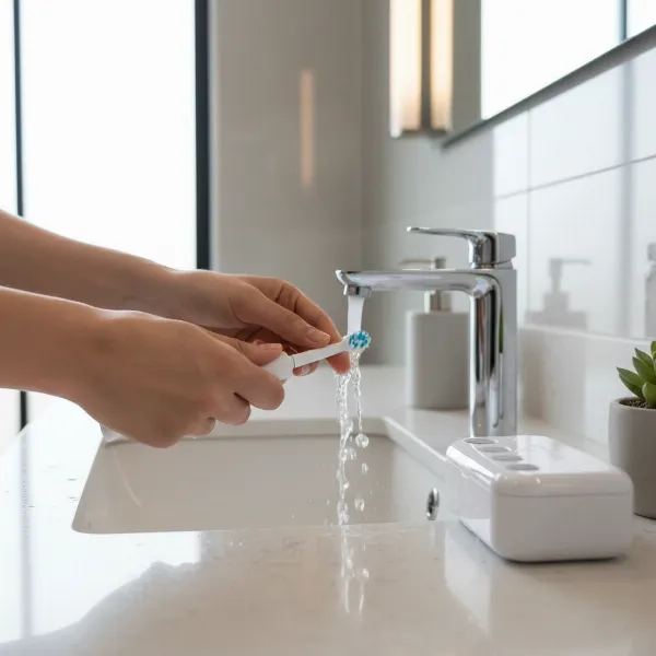 A person cleaning and storing an electric toothbrush head properly, emphasizing hygiene